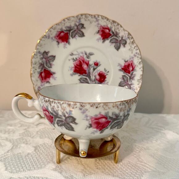Vintage Lefton Pink Roses & Gold Speckles Cup & Saucer Set - Picture 1 of 4